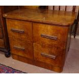 An Art Deco figured walnut low round-cornered cabinet, with 4 short drawers, W72cm