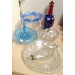 Art Deco glass table centre, ruby decanter and stopper, 24cm, feeder, overlay glass vase etc