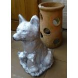 Terracotta strawberry pot and a concrete garden fox, (2)