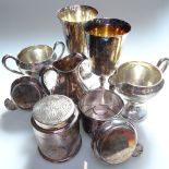 Silver plated teaware, cafetiere strainers, service tray, cutlery etc