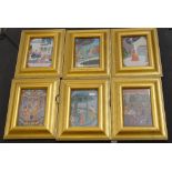 A set of 6 Indian framed prints, mythical scenes, gilt-framed