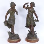 After Auguste Moreau, a pair of Art Nouveau patinated spelter sculptures, Ruisseau and La Charmeuse,