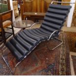 A Mies Van Der Rohe design M R style modernist chaise/lounger in black leather and tubular steel,