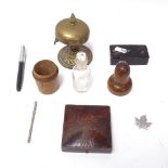 Various collectables, including Platignum fountain pen, turned wood case perfume bottle, brass