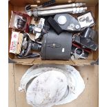 A box of cameras, Limoges tureen and meat plates etc