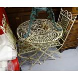 A white painted wirework folding garden table, and 2 matching chairs
