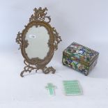 A Japanese cloisonne enamel hinged jewel box, and a brass-framed strut dressing table mirror (2)