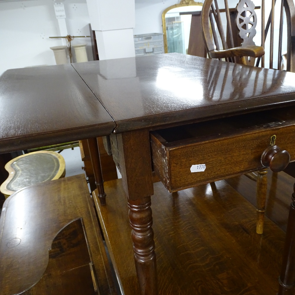 A 19th century mahogany Pembroke table, with end frieze drawer, on turned legs, W88cm - Image 2 of 2