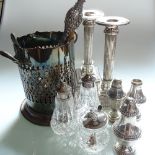 An Art Nouveau embossed silver-backed dressing table brush, a silver plated wine cooler, a pair of