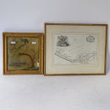 A 19th century silk embroidered ornithological picture, and a printed map of Hastings (2)