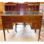 An Edwardian mahogany and satinwood-strung knee-hole writing desk, with raised pigeon holes, 4 short