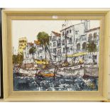 Bernard Dufour, acrylic on board, Continental harbour, signed, 15" x 17.5", framed