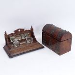 A Victorian brass-mounted walnut dome-top desk box, and an oak mirror-back desk stand, box length
