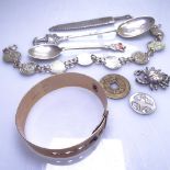 A coin set bracelet, silver spoons, a rolled gold bangle etc