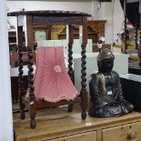 A modern painted and gilded plaster Buddha figure table lamp and shade, H46cm, a piecrust table,