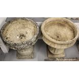 A pair of large circular weathered concrete garden 2-section planters on stands, H61cm