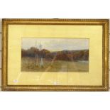 George Oyston, watercolour, landscape, deers at sunset, 19c x 37cm, framed