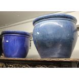 2 blue glazed ceramic pots
