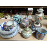 2 Chinese rice grain bowls with 4 character marks, a Chinese teapot with floral and butterfly