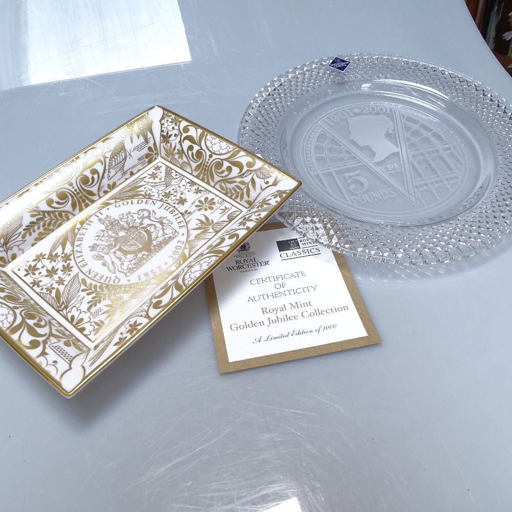 3 Carnival glass comports, a boxed Royal Worcester Golden Jubilee dish, and a Victorian