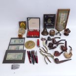 Various collectables, including ship's pulley, various Parker and Sheaffer pens, framed banknotes,