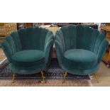 A pair of green velvet upholstered Club chairs in Art Deco style, on tapered legs