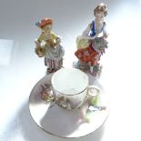 A Prattware polychrome pot lid, early English cups, tea bowls and saucers, and 3 Sitzendorf