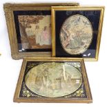 3 Regency silk and woolwork embroidered pictures, all framed, ornate frame length 60cm (3)