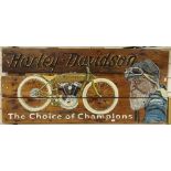 A handmade and hand painted Harley Davidson motorbike sign, by Clive Fredriksson, length 110cm