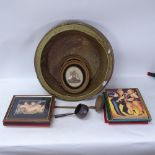 Beryl Cook prints, large brass bowls, coloured engravings etc