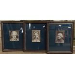 Coram, 3 Old Master style pen and ink drawings, portrait studies, 13cm x 10cm, framed