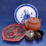 A group of Oriental items, including a redware teapot, height 15cm, and a blue and white plate