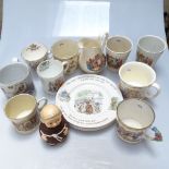 A Bunnykins mug and plates, various Royal commemorative mugs, and a Goebels monk