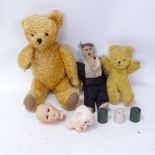 Various Vintage soft toys, and 2 porcelain doll's heads