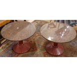 A pair of Zanotta Italy, Ristoro post modern coffee tables, with red marble tops on cast-iron base,