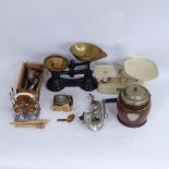 Oak silver plated biscuit barrel, MKS ring stretcher, kitchen scales, brass owl caddy spoons etc