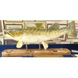 Clive Fredriksson, large carved and painted wood sculpture, Rainbow Trout, on plinth, base length