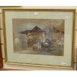 Continental watercolour, washerwomen, 23cm x 32cm, framed