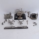 Various pewter and plated miniature sculpture ornaments, including Richard Trevithick's Steam