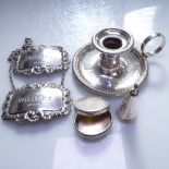 A miniature silver chamber stick and snuffer, a modern oval silver pill pot, and 2 silver decanter