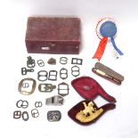 A collection of various Antique buckles, leather-cased Meerschaum pipe, and 1963 Liverpool Show