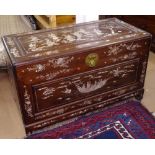 A Chinese hardwood camphorwood blanket chest, with allover inlaid mother-of-pearl decoration, W102cm