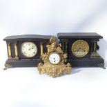 A 19th century brass mantel clock, and 2 large painted wood architectural mantel clocks (3)