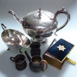An engraved silver plated teapot, a Walker & Hall dish on cast paw feet, a silver plate on copper