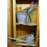 A Vintage galvanised long-reach watering can, galvanised buckets, Vintage tools etc
