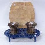 An Aga wood bowl, and 2 bronze mortars on blue painted cast-iron trivet (2)
