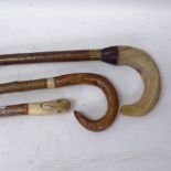 3 hiker's walking sticks, including example with tusk handle, largest length 130cm
