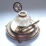 A George V silver desk stand, Sheffield 1921, with a cut-glass and silver-mounted inkwell and a