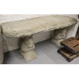 A rectangular concrete garden 3-section bench, on squirrel supports, L100cm