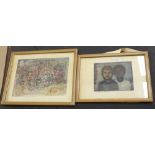 D Veronese, 2 ink / watercolour drawings, character studies, largest 9" x 12", framed (2)